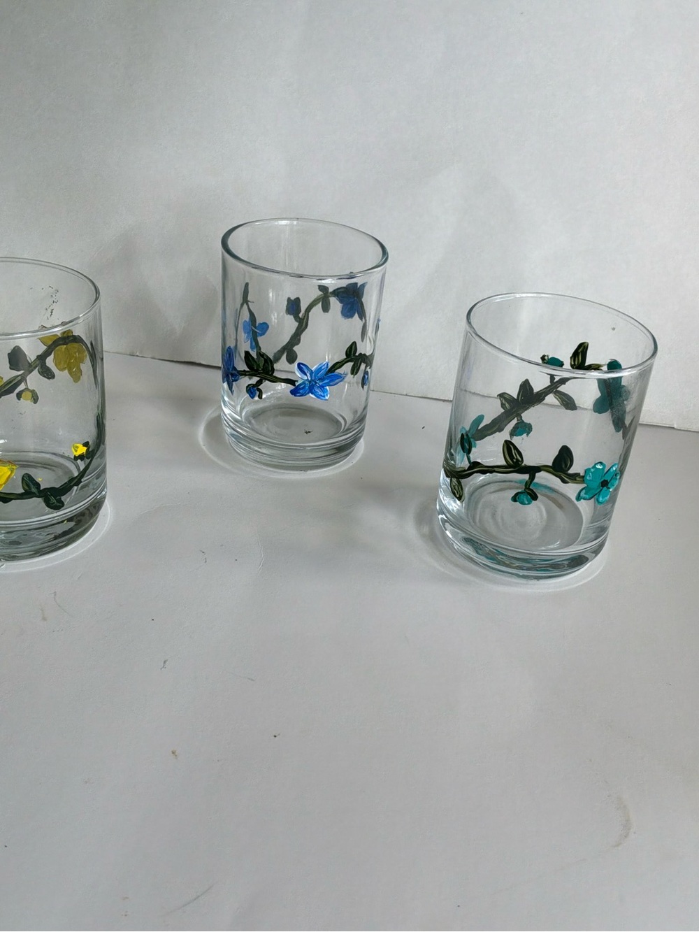 Hand Crafted Floral Glass Tumblers - Blue, Teal, Yellow